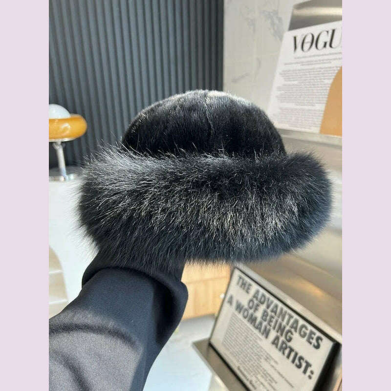 KIMLUD, Real Mink Fur Hat For Women Winter Natural Mink Fur Hat With Fox Fur Brim Female Fashion Fisherman Hat Thicked Fur Bomber Hats, Black, KIMLUD APPAREL - Womens Clothes