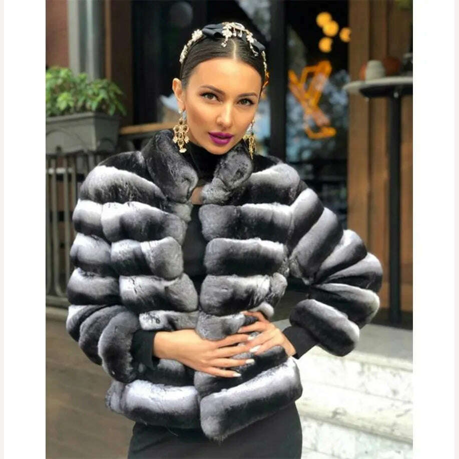 Real Rex Rabbit Fur Coat Women Luxury Natural Fur Short Coat Best Selling Winter Outerwear Chinchilla Fur - KIMLUD