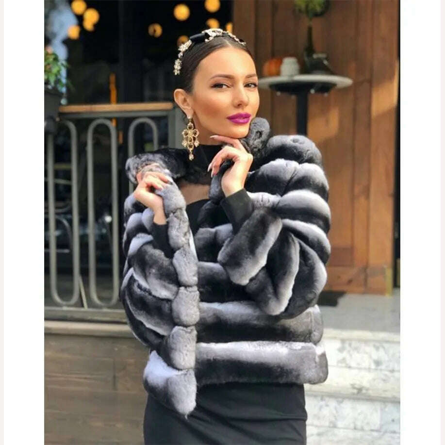 Real Rex Rabbit Fur Coat Women Luxury Natural Fur Short Coat Best Selling Winter Outerwear Chinchilla Fur - KIMLUD