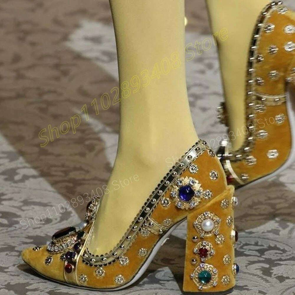 KIMLUD, Red Crystals Decor Pointed Toe Shallow Pumps Elegant Chunky High Heel Fashion Sexy Women Shoes 2024 Summer Zapatos Para Mujere, Yellow / 20 / CHINA, KIMLUD APPAREL - Womens Clothes