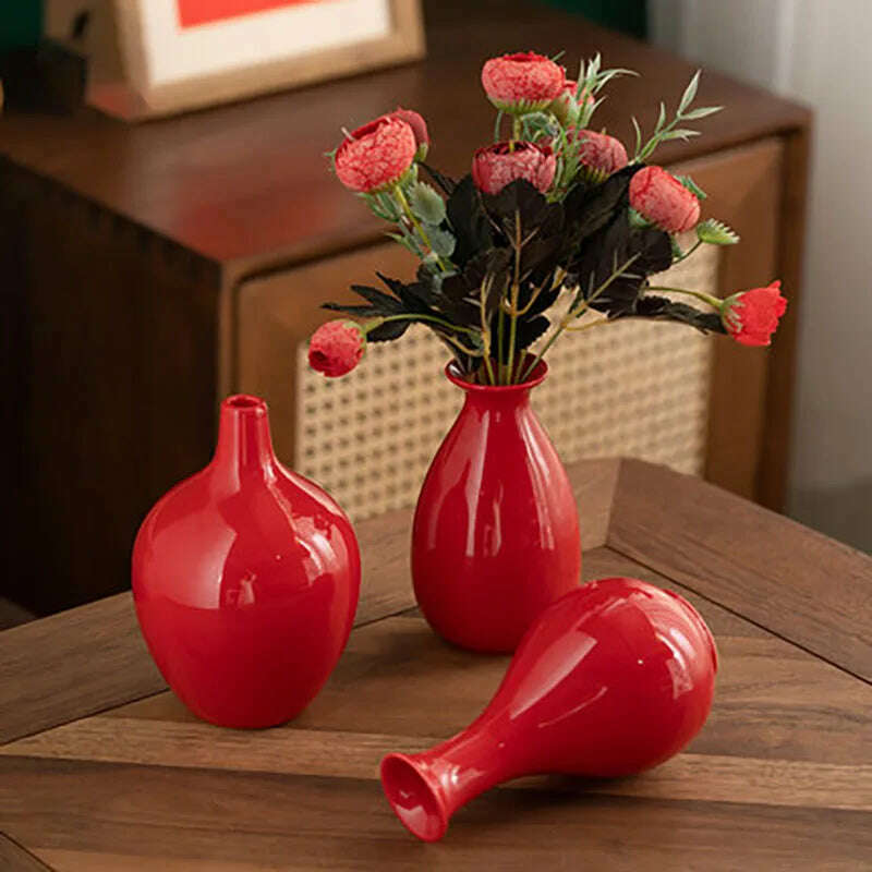 Red Decor Vase Creativity Desktop Ceramic Vase for Home Living Room Office Chinese Traditional Wedding Decoration Souvenir Gift - KIMLUD