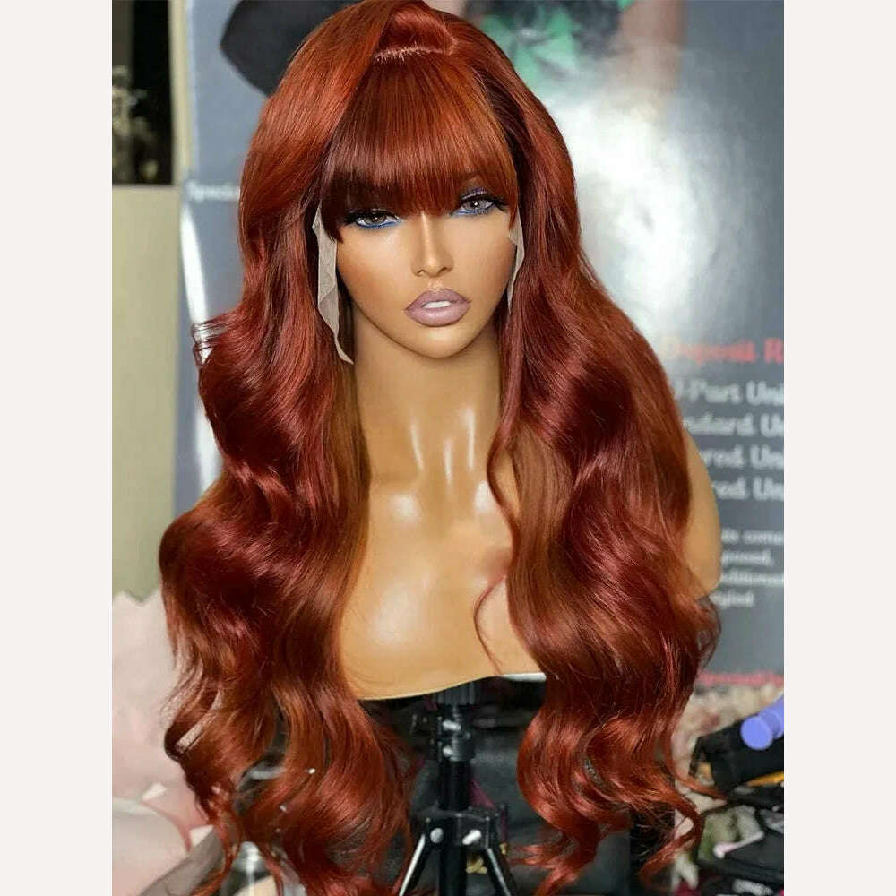 KIMLUD, Reddlish Brown 13x6 Lace Frontal Body Wave Human Wig With Bangs Glueless HD Lace Front Wig Colored Cheap Hair Wigs With Bang, KIMLUD Womens Clothes