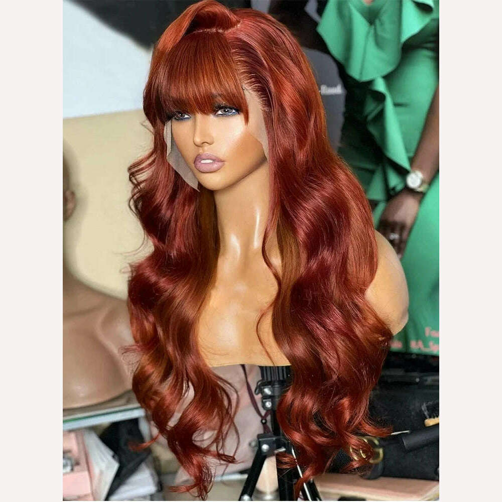 KIMLUD, Reddlish Brown 13x6 Lace Frontal Body Wave Human Wig With Bangs Glueless HD Lace Front Wig Colored Cheap Hair Wigs With Bang, KIMLUD Womens Clothes