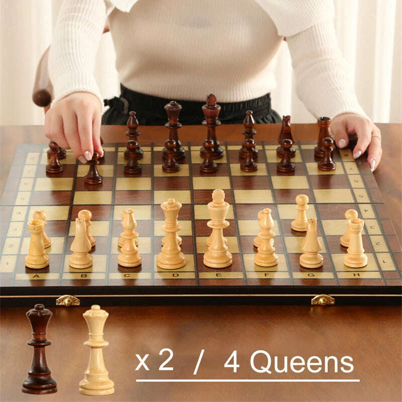 KIMLUD, Retro 4 Queens Wooden Chess Set Wooden Chess Pieces Foldable 24/29/34/39 Wooden Chessboard Chess Table Board Game, KIMLUD Womens Clothes