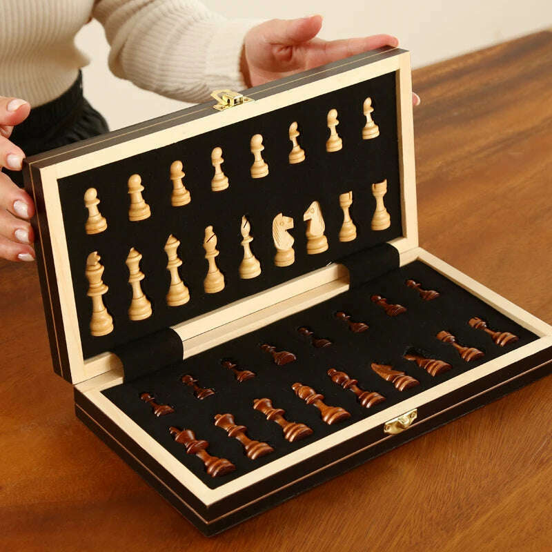 KIMLUD, Retro 4 Queens Wooden Chess Set Wooden Chess Pieces Foldable 24/29/34/39 Wooden Chessboard Chess Table Board Game, KIMLUD Womens Clothes