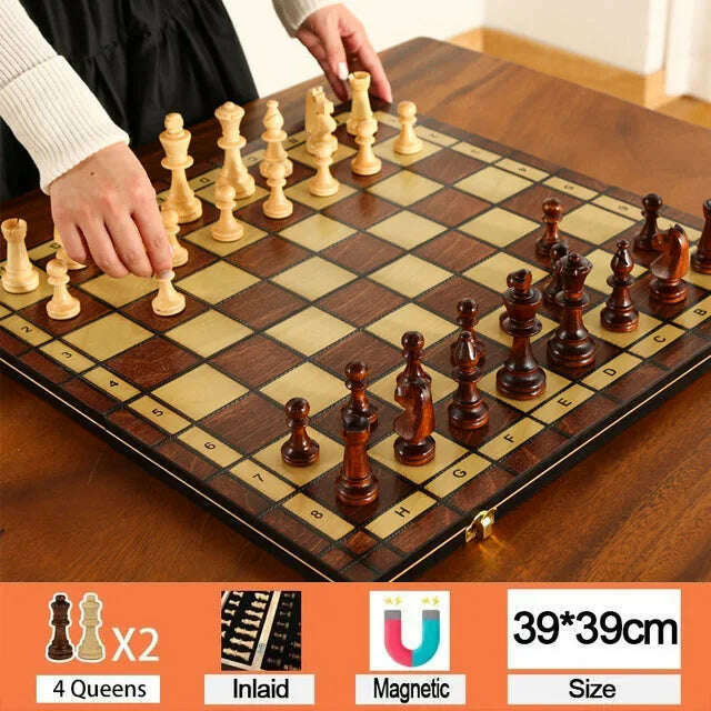 KIMLUD, Retro 4 Queens Wooden Chess Set Wooden Chess Pieces Foldable 24/29/34/39 Wooden Chessboard Chess Table Board Game, 39x39cm, KIMLUD APPAREL - Womens Clothes