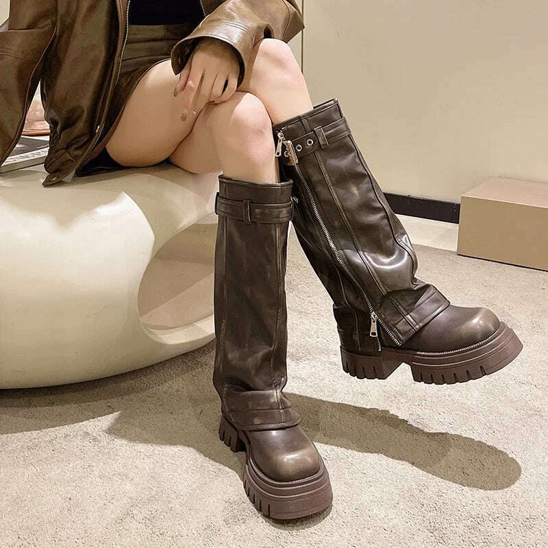 KIMLUD, Retro Big Round Head Knee-High Boots Women Goth Shoe Platform Buckle Belt Side Zipper Design Chunky High Heels Boot Botines, KIMLUD Womens Clothes