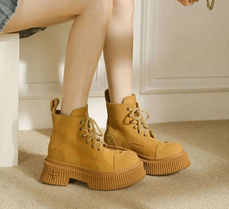 Retro Brown Genuine Leather Thick Bottom Short Boots Round Toe Christmas Wild Lace Up Women Shoes Sexy Cool Girl Style Shoes - KIMLUD