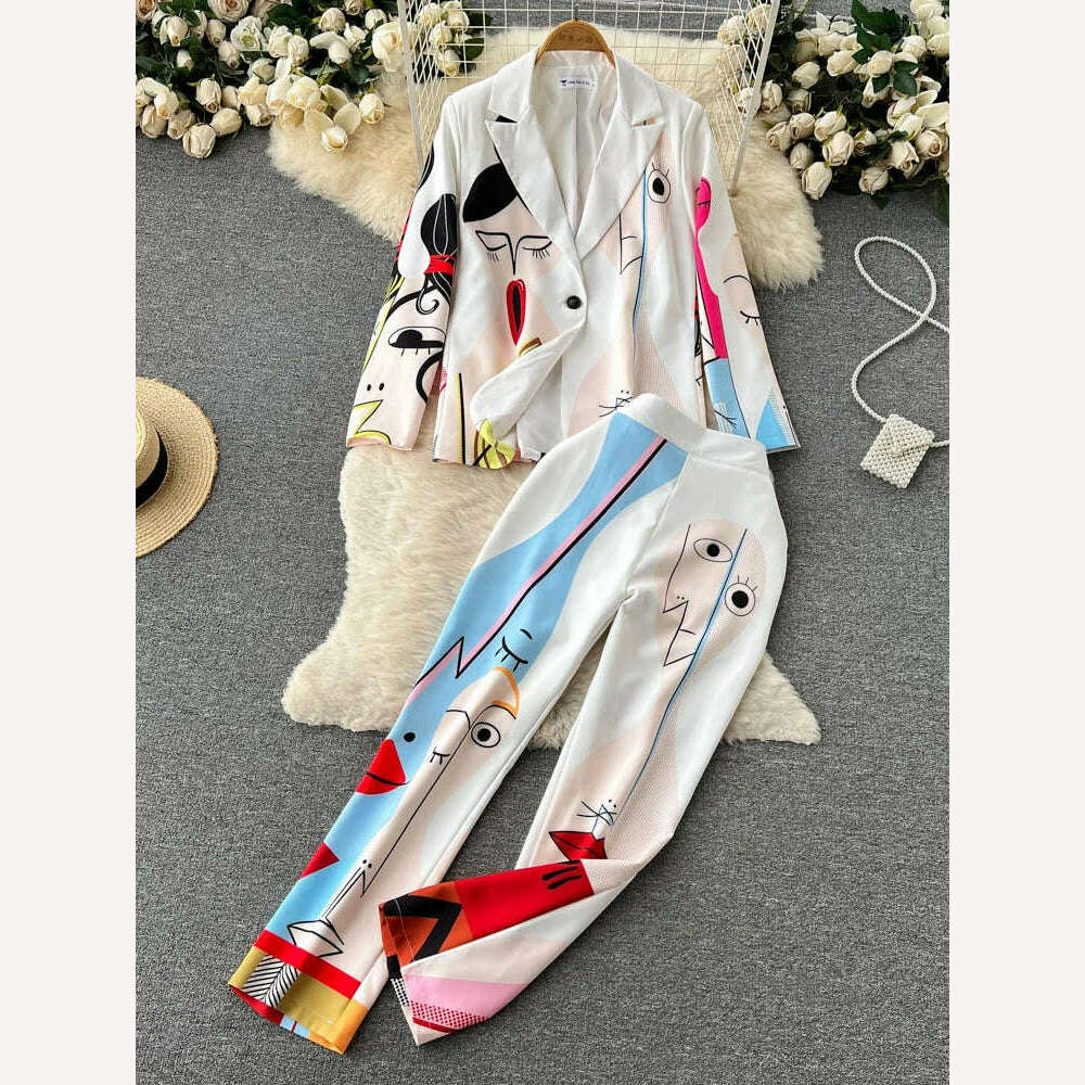 KIMLUD, Retro Fashion Abstract Printing Blazer&amp;Pants Two Piece Set Women outfits Professional Long Sleeve Jacket Trousers Suits Female, White / M, KIMLUD APPAREL - Womens Clothes