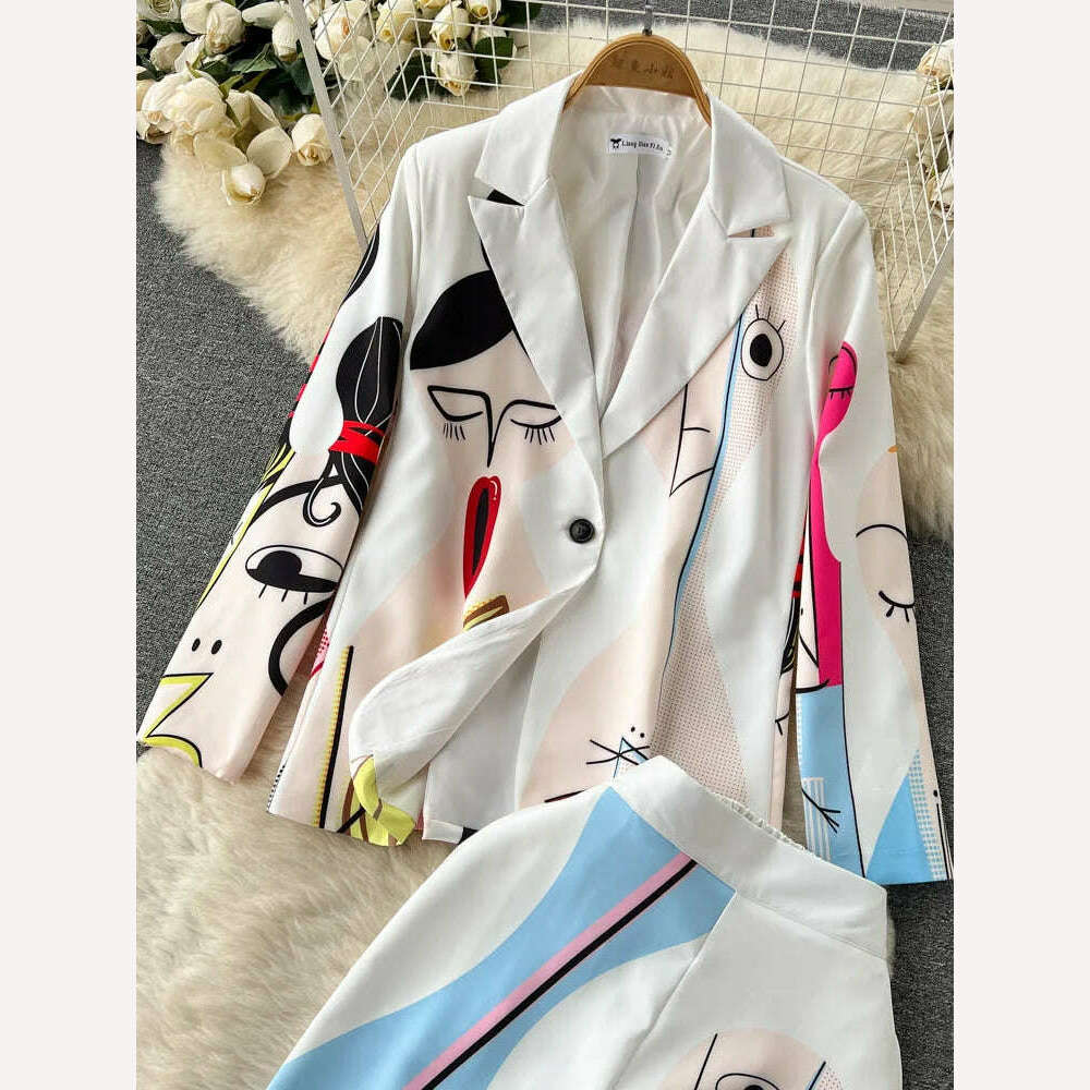 KIMLUD, Retro Fashion Abstract Printing Blazer&amp;Pants Two Piece Set Women outfits Professional Long Sleeve Jacket Trousers Suits Female, KIMLUD Womens Clothes