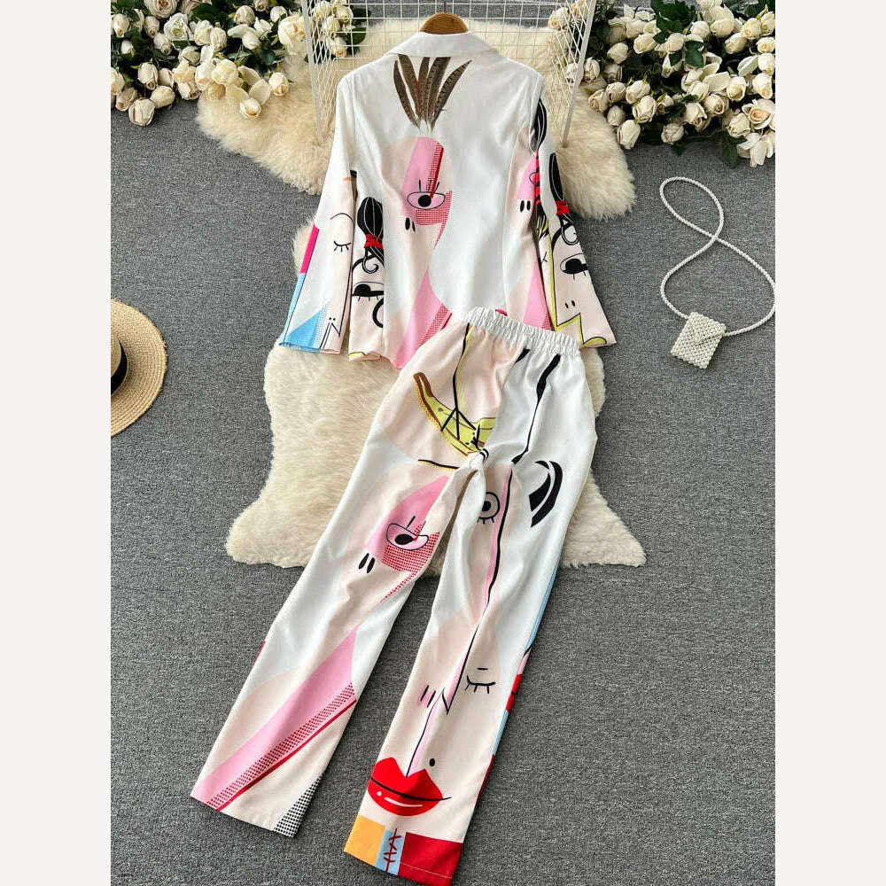 KIMLUD, Retro Fashion Abstract Printing Blazer&amp;Pants Two Piece Set Women outfits Professional Long Sleeve Jacket Trousers Suits Female, KIMLUD Womens Clothes