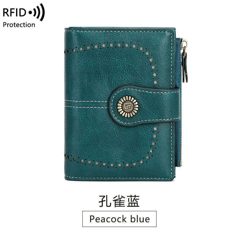 KIMLUD, Retro three-fold RFID shielding women's short wallet, solid color large capacity daily fashion versatile clutch bag, Y1668-Peacockblue, KIMLUD APPAREL - Womens Clothes