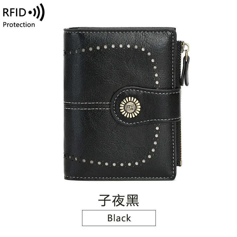 KIMLUD, Retro three-fold RFID shielding women's short wallet, solid color large capacity daily fashion versatile clutch bag, Y1668-Black, KIMLUD APPAREL - Womens Clothes