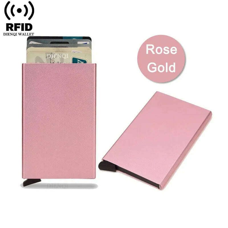 KIMLUD, Rfid Credit Card Holder Metal Thin Slim Smart Wallet Men Women Wallets Pop Up Minimalist Small Black Purse Mini Walets for Men, Rose God, KIMLUD APPAREL - Womens Clothes