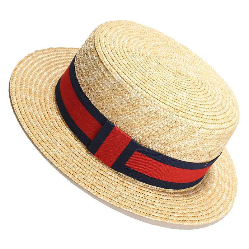 RH Natural Wheat Straw Boater Fedora Top Flat Hat Women Summer Beach Flat Brim Cap With Bowknot Ribbon For Holiday Party - KIMLUD