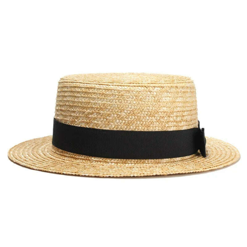 KIMLUD, RH Natural Wheat Straw Boater Fedora Top Flat Hat Women Summer Beach Flat Brim Cap With Bowknot Ribbon For Holiday Party, KIMLUD Womens Clothes