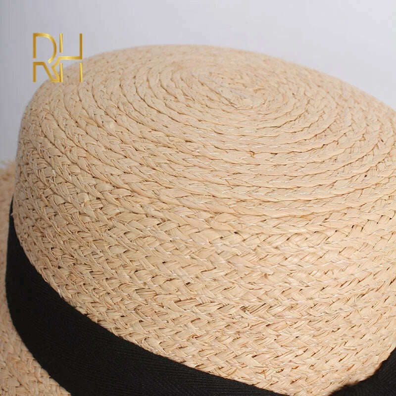 KIMLUD, RH Summer Women Boater Beach Hat Female Casual Panama Hat Lady Brand Classic Bowknot Straw Flat Sun Hat Female Fedora, KIMLUD Womens Clothes