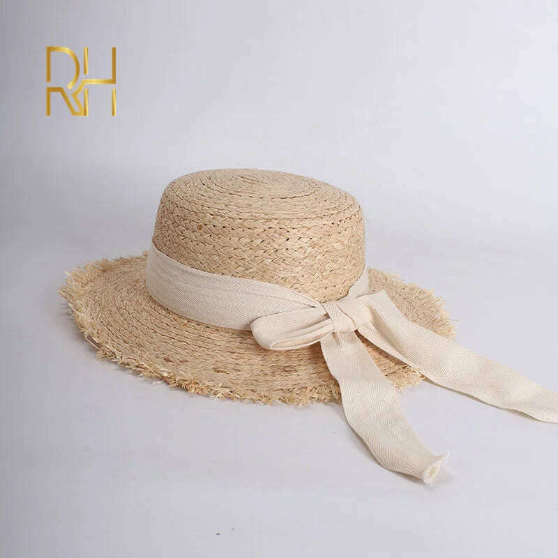 KIMLUD, RH Summer Women Boater Beach Hat Female Casual Panama Hat Lady Brand Classic Bowknot Straw Flat Sun Hat Female Fedora, beige / One Size / CHINA, KIMLUD APPAREL - Womens Clothes