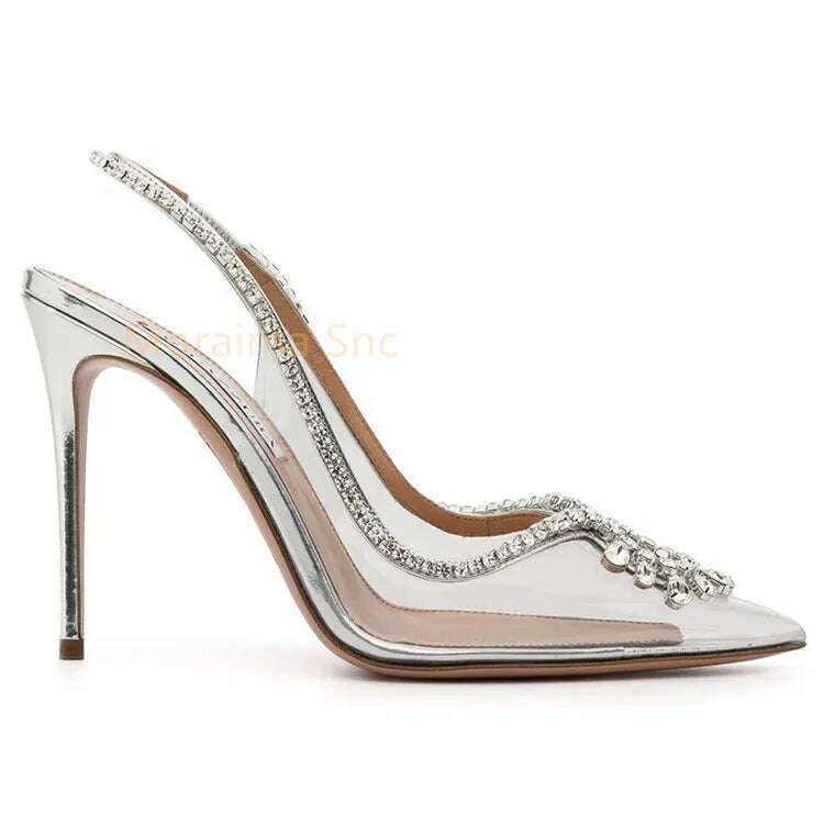 KIMLUD, Rhinestone Pvc Transparent Women Sandals 2023 Summer Pointed Toe High Heels Pumps Stiletto Slingback Ladies Shoes Stylish, silver / 35 / China, KIMLUD APPAREL - Womens Clothes