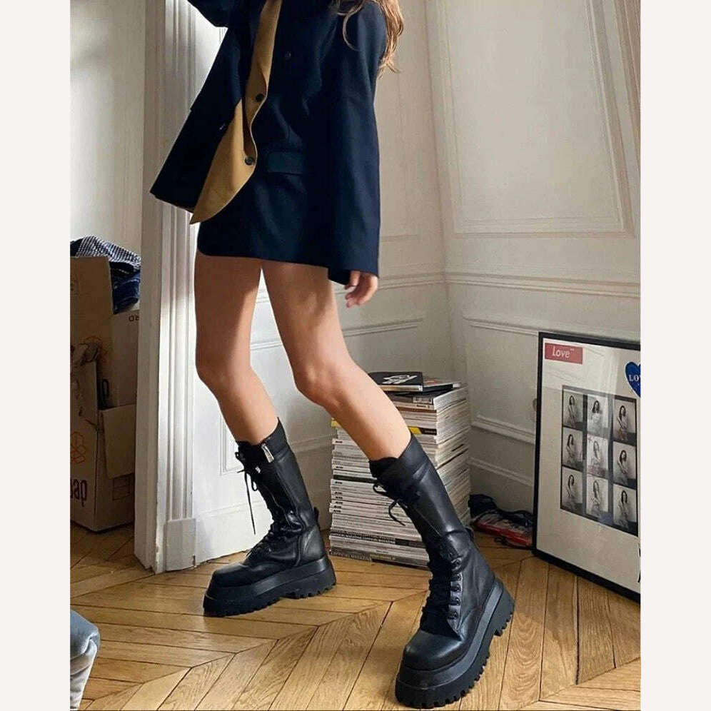 KIMLUD, Rimocy 2023 New Fashion Chunky Platform Boots Women Autumn Winter PU Leather Knee High Boots Woman Punk Thick Bottom Long Botas, KIMLUD Womens Clothes