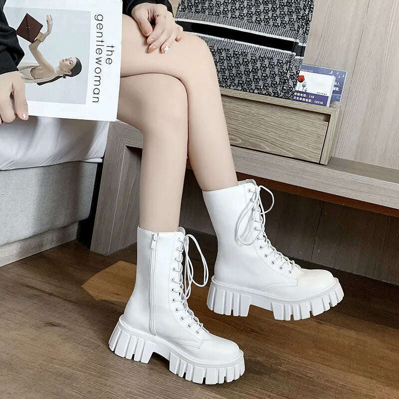 Rimocy Chunky Platform White Ankle Boots Women Autumn Winter Pu Leather Combat Booties Mujer Punk Thick Bottom Motorcycle Boots - KIMLUD