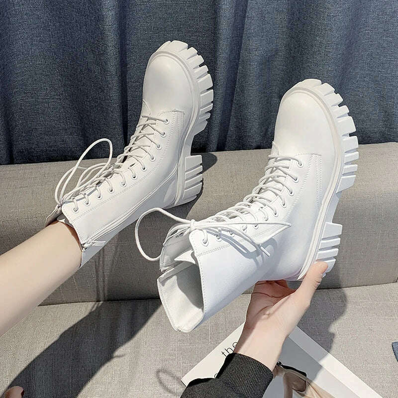 Rimocy Chunky Platform White Ankle Boots Women Autumn Winter Pu Leather Combat Booties Mujer Punk Thick Bottom Motorcycle Boots - KIMLUD