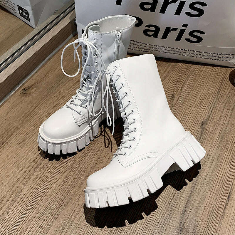 Rimocy Chunky Platform White Ankle Boots Women Autumn Winter Pu Leather Combat Booties Mujer Punk Thick Bottom Motorcycle Boots - KIMLUD