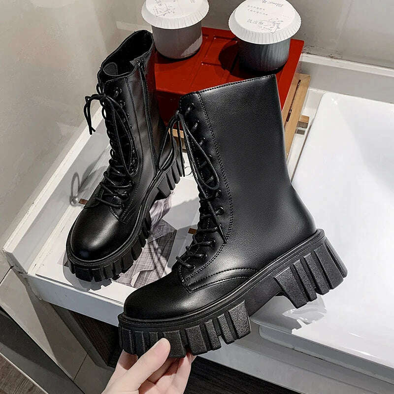 Rimocy Chunky Platform White Ankle Boots Women Autumn Winter Pu Leather Combat Booties Mujer Punk Thick Bottom Motorcycle Boots - KIMLUD