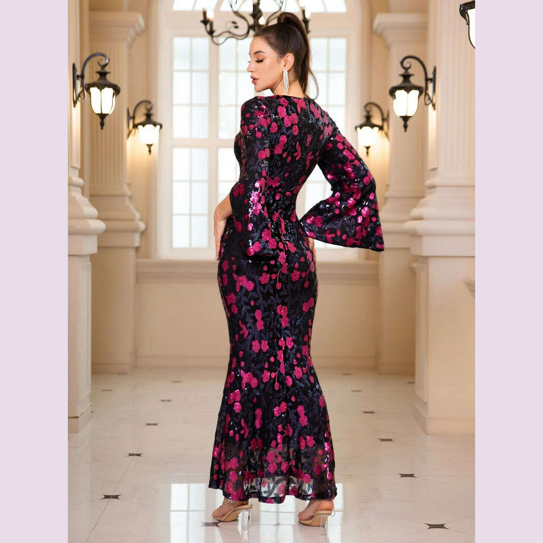 KIMLUD, Romagic Deep V Neck Slit Half Sleeves Floral Sequined Evening Dress Elegant Long Wedding Party Celebrity Formal Dresses, KIMLUD Womens Clothes