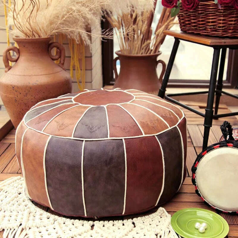 KIMLUD, Round Moroccan Seat Cushion Cover Faux Leather Patchwork Craft Floor Hassock Ottoman Footstool Large Unstuffed Sitting Pillow, KIMLUD Womens Clothes