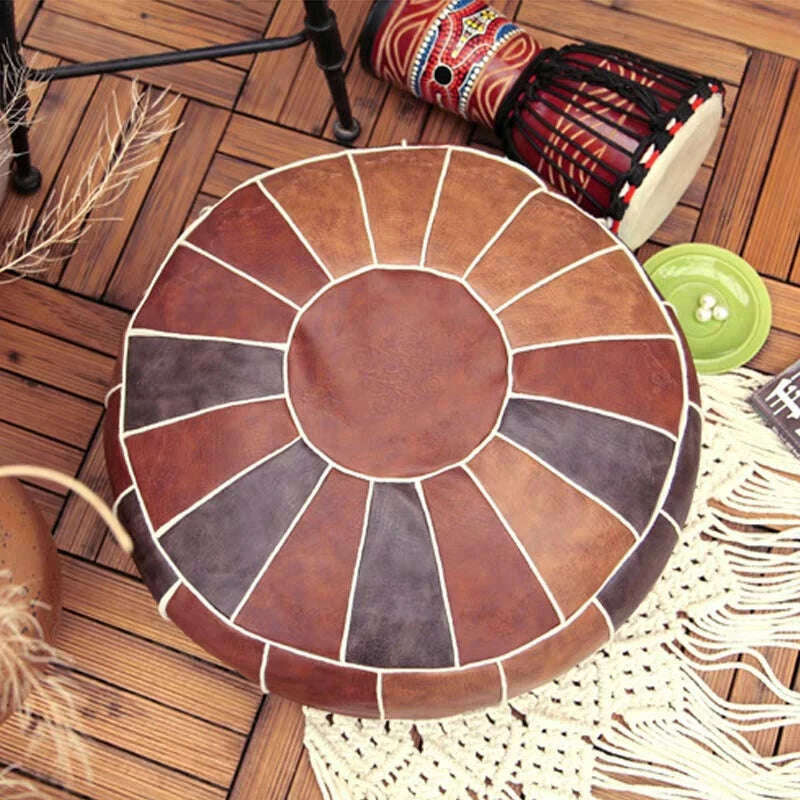 Round Moroccan Seat Cushion Cover Faux Leather Patchwork Craft Floor Hassock Ottoman Footstool Large Unstuffed Sitting Pillow - KIMLUD