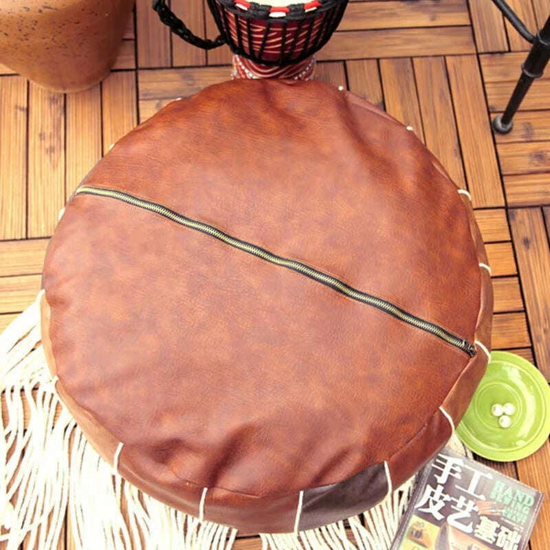 Round Moroccan Seat Cushion Cover Faux Leather Patchwork Craft Floor Hassock Ottoman Footstool Large Unstuffed Sitting Pillow - KIMLUD