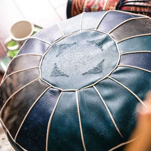 Round Moroccan Seat Cushion Cover Faux Leather Patchwork Craft Floor Hassock Ottoman Footstool Large Unstuffed Sitting Pillow - KIMLUD