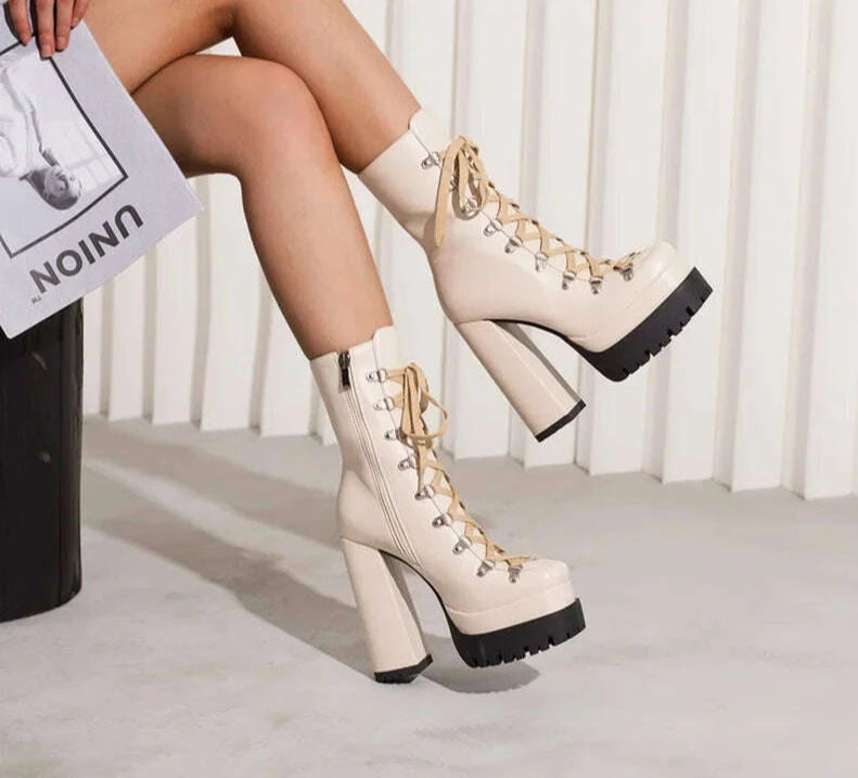 KIMLUD, Round Toe Platform Cross Tied Boots Women Summer Shoes Chunky High Heel Side Zipper Mid Fashion Boots 2023 Zapatos Para Mujere, KIMLUD Womens Clothes