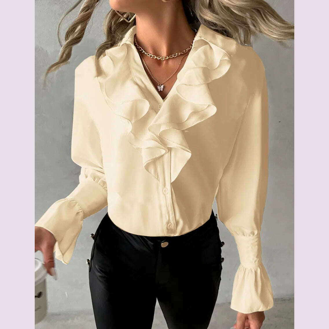 KIMLUD, Ruffle edge long sleeved V-neck solid color women's shirt shirt shirt, professionally designed to showcase professional charm, Light Yellow / XL, KIMLUD APPAREL - Womens Clothes