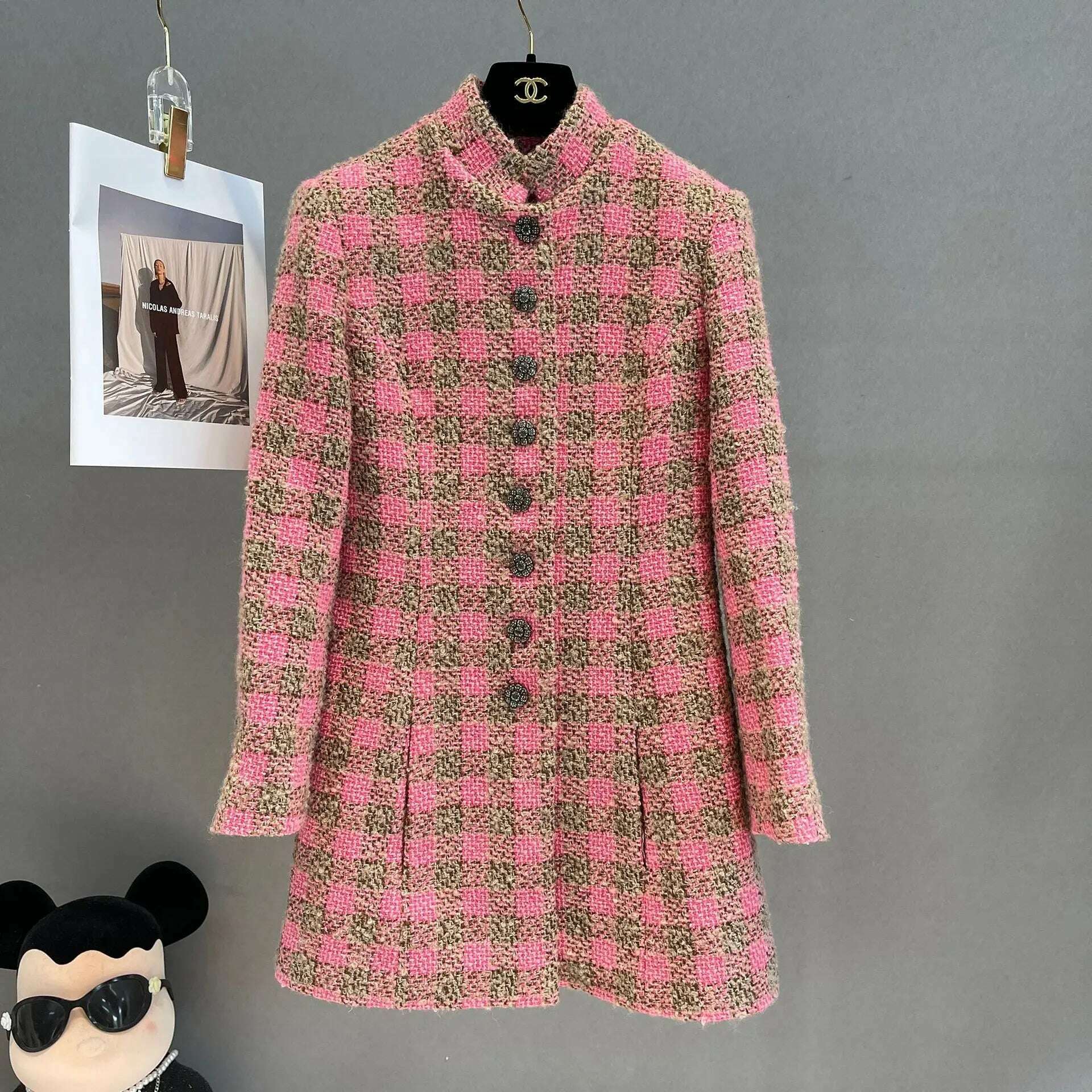 KIMLUD, Runway Designer Female Wool Coat 2023 Elegant Vintage Single Breasted SLim Long Plaid Tweed Jacket Women's Jacket and Coat, 3322 / S, KIMLUD APPAREL - Womens Clothes