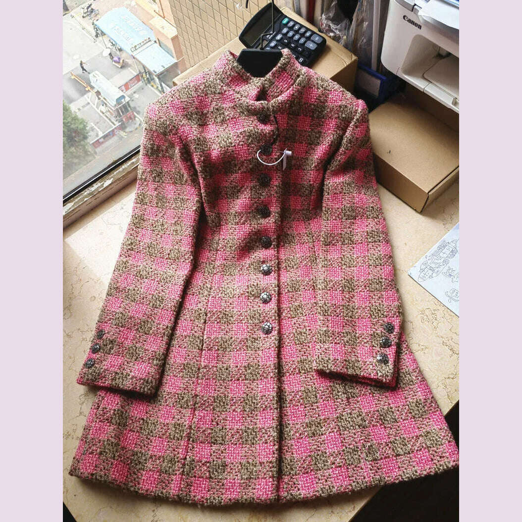 KIMLUD, Runway Designer Female Wool Coat 2023 Elegant Vintage Single Breasted SLim Long Plaid Tweed Jacket Women's Jacket and Coat, KIMLUD Womens Clothes