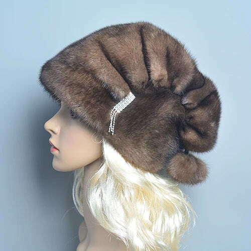 KIMLUD, Russian Fur Hat Winter Warm Natural Mink Fur Hats for Women Classic Luxury Caps Earflap Christmas Hat Luxury Lady Real Mink Hat, brown / One Size, KIMLUD APPAREL - Womens Clothes