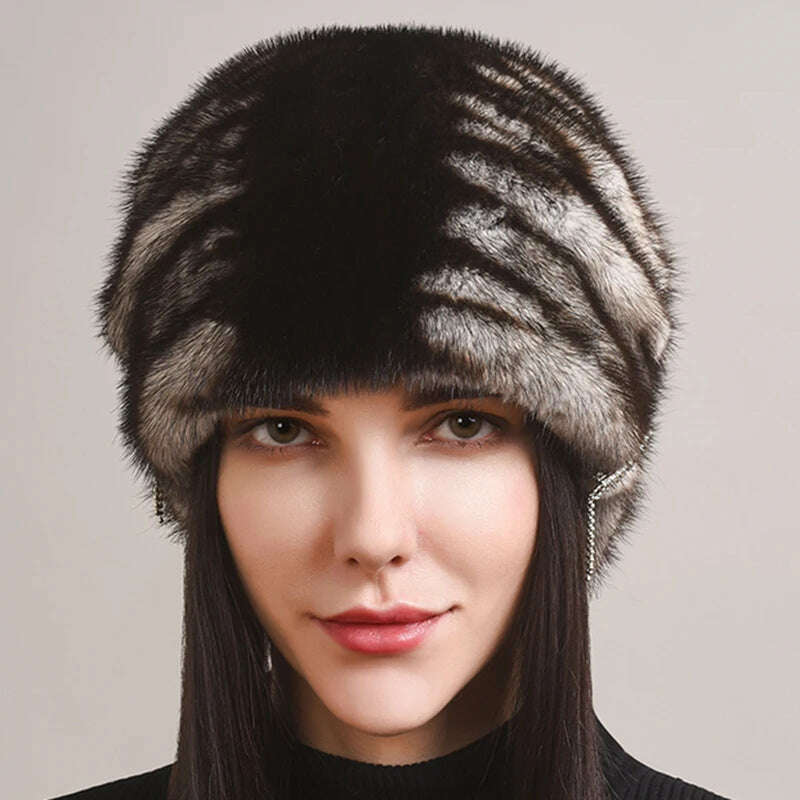 Russian Fur Hat Winter Warm Natural Mink Fur Hats for Women Classic Luxury Caps Earflap Christmas Hat Luxury Lady Real Mink Hat - KIMLUD