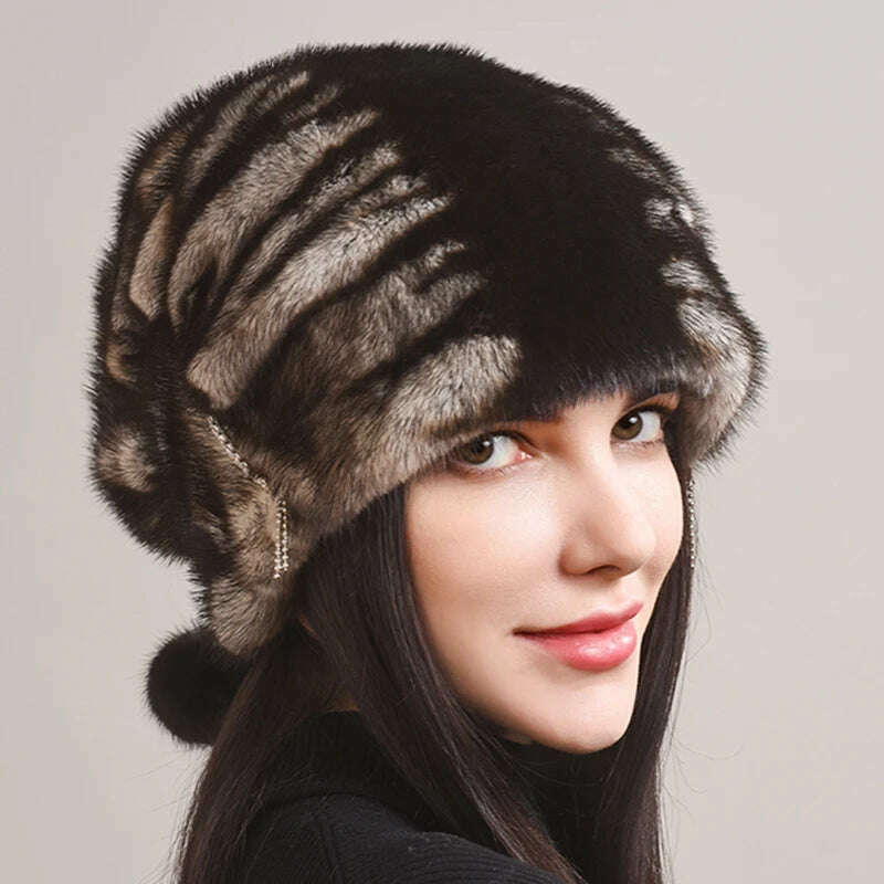 Russian Fur Hat Winter Warm Natural Mink Fur Hats for Women Classic Luxury Caps Earflap Christmas Hat Luxury Lady Real Mink Hat - KIMLUD