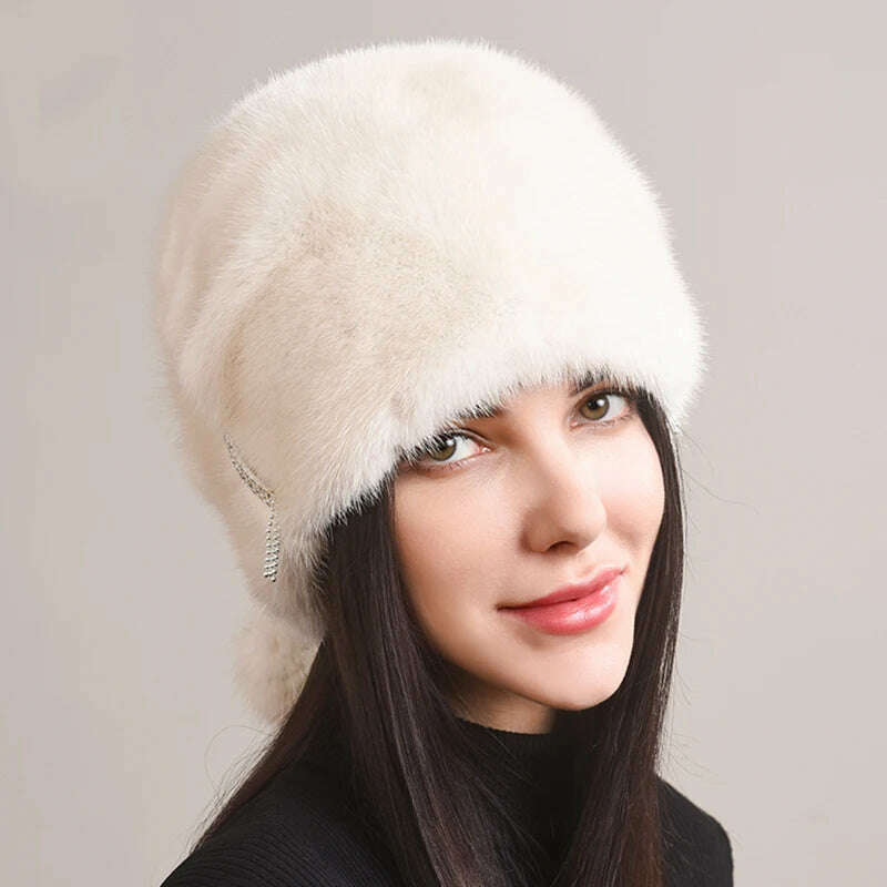 Russian Fur Hat Winter Warm Natural Mink Fur Hats for Women Classic Luxury Caps Earflap Christmas Hat Luxury Lady Real Mink Hat - KIMLUD