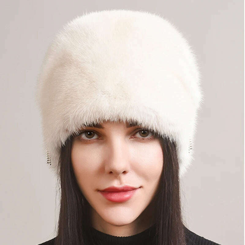 Russian Fur Hat Winter Warm Natural Mink Fur Hats for Women Classic Luxury Caps Earflap Christmas Hat Luxury Lady Real Mink Hat - KIMLUD