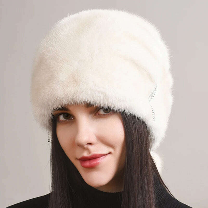 Russian Fur Hat Winter Warm Natural Mink Fur Hats for Women Classic Luxury Caps Earflap Christmas Hat Luxury Lady Real Mink Hat - KIMLUD