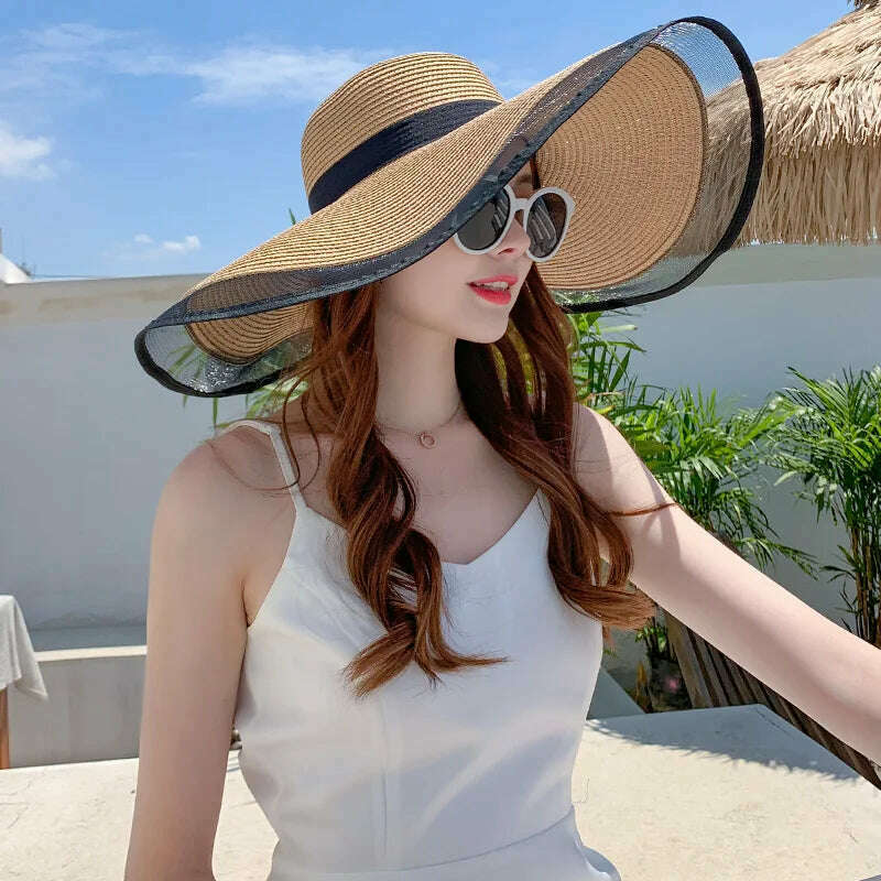 S09 Straw hat Summer New Style Black Mesh Female Summer Sunscreen Cover Seaside Vacation Holiday Foldable Beach Hat Sun Visor - KIMLUD