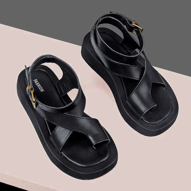 KIMLUD, Sandals Women Summer 2024  New Clip Toe Sandals Ladies Genuine Leather Fashion Roman Women Shoes Sandals, black / 35, KIMLUD APPAREL - Womens Clothes