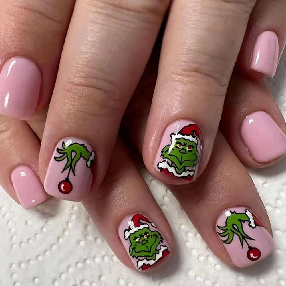 KIMLUD, Santa Claus Fake Nail Tips Short Round Xmas Ins  Christmas Pattern False Nails Patch Wearable Full Cover Merry Christmas Gifts, KIMLUD Womens Clothes