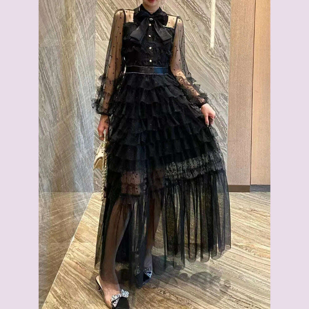 KIMLUD, SEQINYY Elegant Long Dress Summer Spring New Fashion Design Women Runway High Street Dot Mesh Ruffles Bow Party Slim, black / L / CN, KIMLUD APPAREL - Womens Clothes