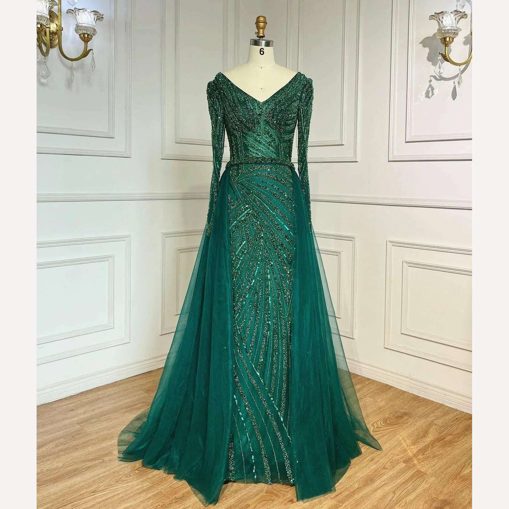 KIMLUD, Serene Hill Dubai Mermaid Beaded Luxury Blue Muslim  Evening Dresses Gowns  with Detachable Skirt 2023 For Women Party LA71750, green / 2, KIMLUD APPAREL - Womens Clothes