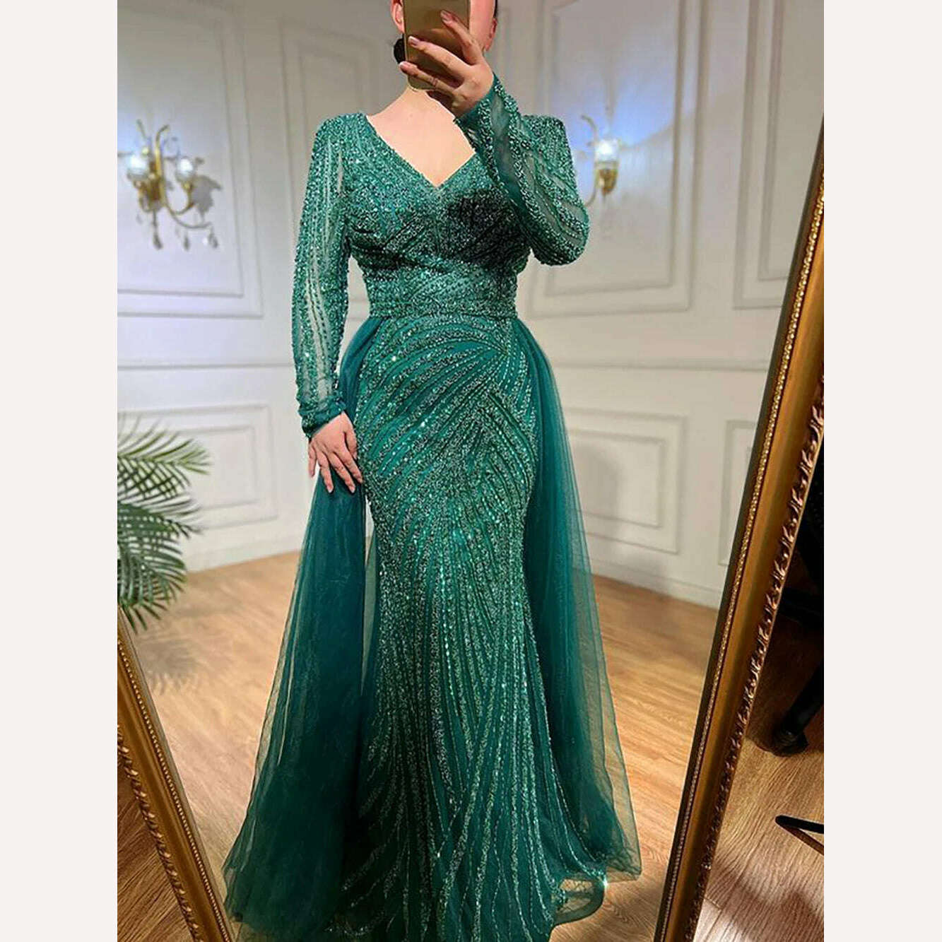 Serene Hill Dubai Mermaid Beaded Luxury Blue Muslim Evening Dresses Gowns with Detachable Skirt 2023 For Women Party LA71750 - KIMLUD