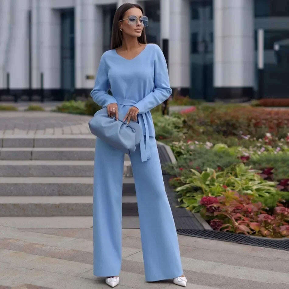 Sets for Women 2 Pieces Spring Autumn New Elegant V Neck Lace Up Tops Suits Fashion Casual Loose High Waisted Wide Leg Pant Sets - KIMLUD